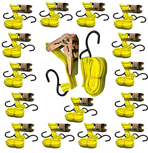 BlueDot Trading Bundle of 16 Pieces Quick Release Ratchet Tie Down Set - Heat Treated Vinyl Coated ‘S’ Hooks & Cargo Straps for Moving, Motorcycles, and Securing