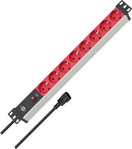 Brennenstuhl Alu-Line 19 Steckdosenleiste/Steckerleiste 8-Fach für Schaltschränke (Mehrfachsteckdose 19 Zoll mit 10A Sicherungsautomat und Kaltgeräte-Stecker, 2m Kabel) Silber/rot