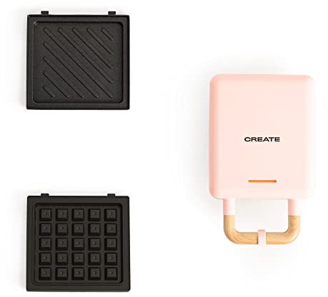 CREATE/STONE STUDIO/Sandwichera-Grill y gofrera individual rosa pastel / 2 placas intercambiables: Sandwich y Gofre, antiadherente, 1 rebanada, apertura 100º, autoapagado, asa tacto frío, 600W