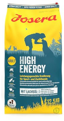 JOSERA High Energy (1 x 12,5 kg) | Adult | Premium Trockenfutter für ausgewachsene aktive Hunde | Geflügel & Lachsöl | ideal für Agile Zucht- und Sporthunde | weizenfrei | Hundefutter | 1er Pack