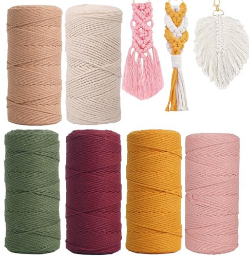 6PCS Makramee Garn, 1mm x 100m Bunt Baumwollseil, Natur Baumwolle Makramee Baumwollgarn Baumwollkordel für DIY Handwerk, Hängepflanze,Blumenampel, Basteln Stricken Boho Deko Wandbehang Dekoration (01)