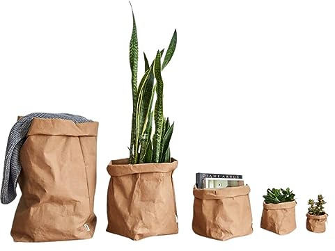 Eco-Friendly Reusable Washable Kraft Paper Bag, Plant Pot, Storage Bag, Dried Flowers Holder, Home Organizer, Space-saving Storage (31cm x 40cm, bottom diameter 25cm, Black)