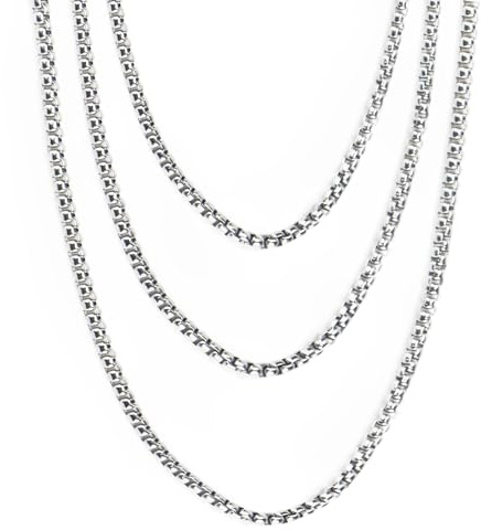 Anevios 3 Pièces Chaînes en Acier Inoxydable pour Homme et Femme avec Boîte Collier Argent Largeur 3mm Longueur 60/70/80cm Chaîne Cubaine Punk Hip Hop Personnalisée pour Cadeau Décoration Fête