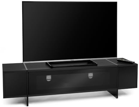 AVF Edge TV Stand Unit - Modern Rectangular Floor Stand For Up to 80 TVs, With Closed Storage Glass Doors and Wood Effect Top (Black)
