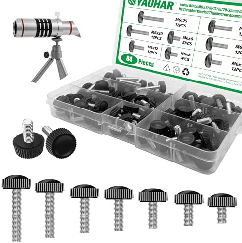 Yauhar 84Pcs 7 Size Carbon Steel M6 Threaded Knurled Thumbscrew Assortment Set, M6 x 8/10/12/16/20/25mm Black Round Male Clamping Knob Grips Thumb Screw for Repairing Machine