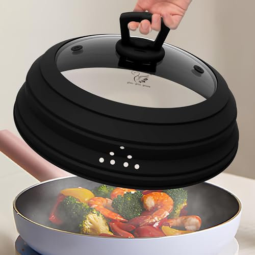 COMATOP Couvercle anti-éclaboussures en verre trempé pour micro-ondes 30 cm en silicone pliable pour cuisine (noir)