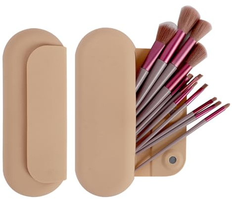 Silicone Makeup Brush Bag, Travel Makeup Brush Holder, Portable Make Up Bag, Multi-Purpose Small Case for Accessories for Makeup,Toothbrush, Pencil, Travel Gadgets Gifts for Women (Khaki)
