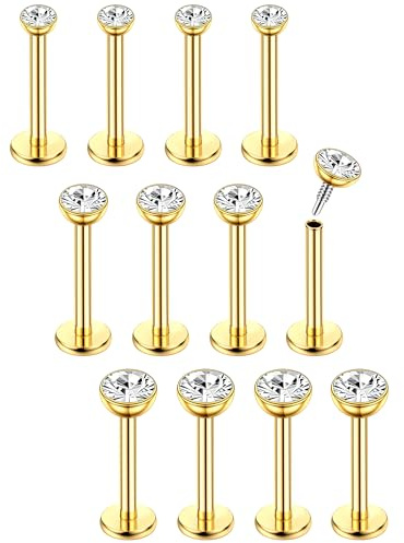 Chriscoco 16G 12Pcs Surgical Steel Tragus Piercing Jewellery Nose Studs Lip Stud Labret Tragus Earring Flat Back Studs Earrings Hypoallergenic Cartilage Helix Piercing Jewellery CZ Gold