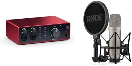 Focusrite Scarlett 4i4 4th Gen USB Audio Interface, for Musicians & RØDE NT1 5th Generation Large-diaphragm Studio Condenser Microphone with XLR and USB Outputs, Shock Mount and Pop Filter