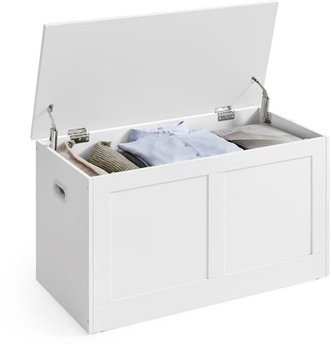VASAGLE Storage Chest, Storage Trunk with 2 Safety Hinges, Storage Bench, Shoe Bench, Farmhouse Style, 15.7 x 31.5 x 18.3 Inches, for Entryway, Bedroom, Living Room, Cloud White ULSB064W01