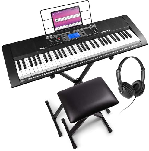 MAX Rhapsody61M Teclado Piano eléctrico de 61 teclas, con auriculares, soporte para teclado y banqueta, 600 sonidos, respuesta táctil, MP3 USB, pantalla, función de aprendizaje, MIDI y AUX