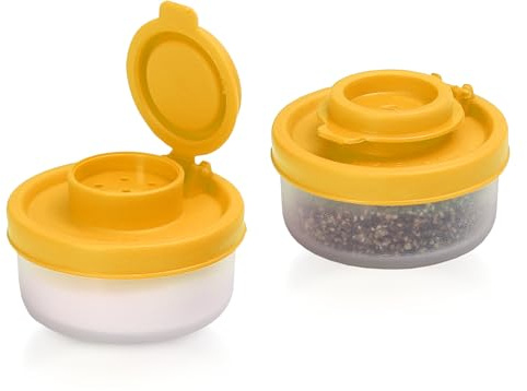 SIGNORAWARE Salt and Pepper Shakers Moisture Proof Set of 2 Small Mini Salt Shaker to go Camping Picnic Outdoors Kitchen Lunch Boxes Travel Spice Set Clear with Red Covers Plastic Airtight Dispenser
