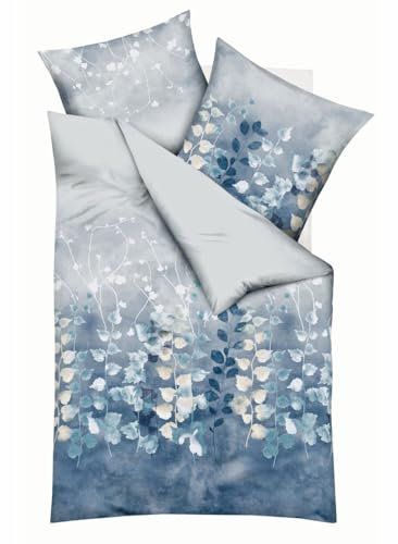 Kaeppel Fein Biber Bettwäsche 2 TLG. 135x200cm Akina Saphir Blätter Blau Grau Hellblau