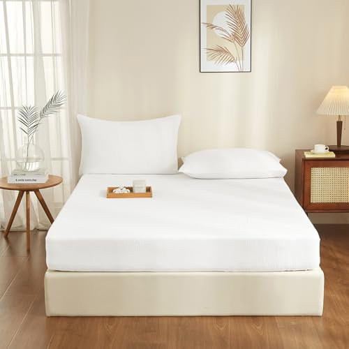 YASMENG Doppelte Muslin Spannbettlaken 200x200cm 100% Baumwolle Weiß Muslin Bettlaken 200x200cm Baumwolle Weich Atmungsaktiv Kuschelige Spannbetttuch Boxspringbett Geeignet für 30cm Matratze