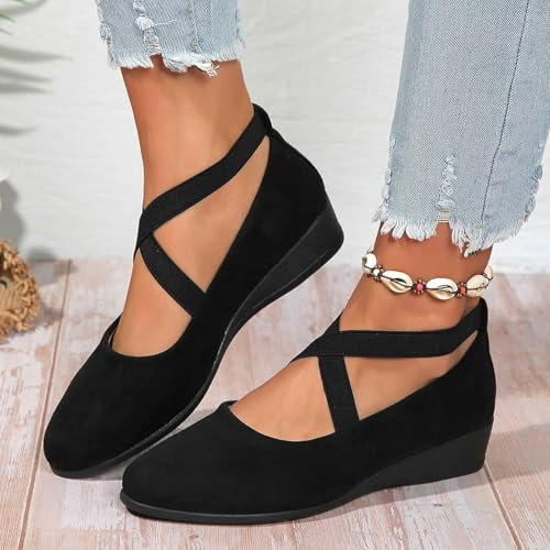 Women's Crisscross Strap Wedge Shoes Ballet Flats Womens Round Toe Ballet Wedge Dress Shoe Elegant Suede Comfy Slip-On Flats