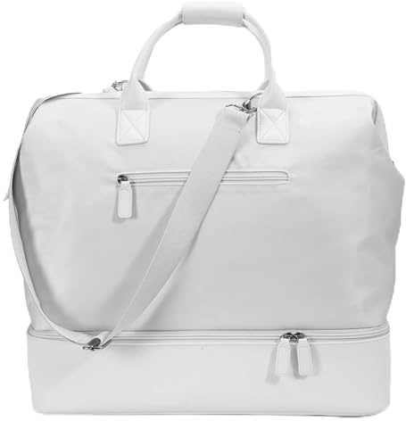 NOBL Travel Weekender Bag for Women & Men, Large Duffel Carry-On Tote with Trolley Sleeve, Separate Shoe Compartment & Laptop Pocket, Leather Overnight Bag for Airplane, Gym, Road Trips - Ivory