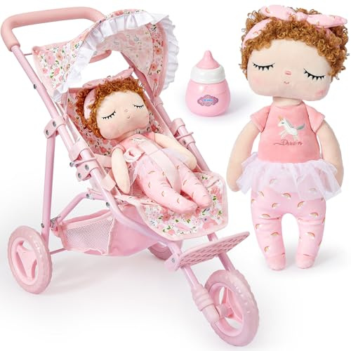G.C Carrito Bebe Juguetes para Niñas con Muñeca de Trapo 34 cm, Carrito Muñecas 55 cm, Plegable Asa Ajustable, Sombrilla, Carrito Muñecas Juguetes Regalo Ideal para Niña 3 4 5 6 7 8 Años