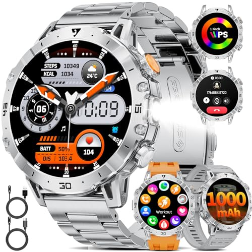 1000mAh Batteria Smartwatch Uomo Militare, 1.7'' Orologio Smart Watch con Chiamata Bluetooth, 100+ Modalità Sportive, Torcia LED Orologio Fitness, 24H Cardiofrequenzimetro Sonno, IP68 per Android iOS