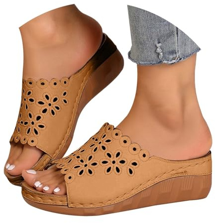 Zapatillas de estar por casa para mujer con tacón de cuña, pantuflas de piel para mujer, sandalias de cuña para verano, sandalias de cuña huecas, transpirables, chanclas de boca de pescado, vintage