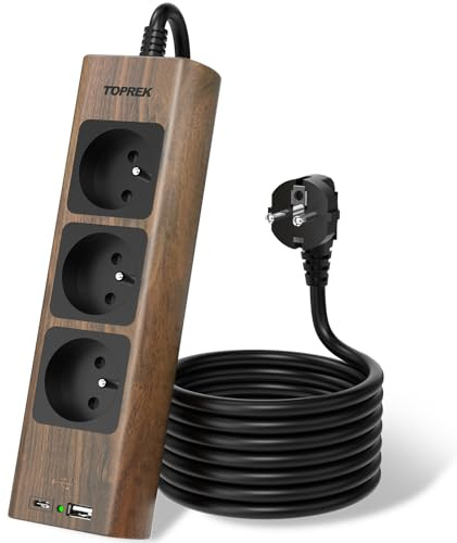 TOPREK Multiprise USB, Rallonge Multiprise en Finition Bois Marron 1.5M | 3 Prises AC Française, 1 USB C et 1 USB A, 1 Interrupteur, 2300W/10A, Protection Contre Les Surtensions (Comprend 2 vis)