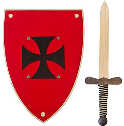 GERILEO Handgefertigtes Ritter Schwert und Schild aus Holz - Spielzeug für Kinder, Jungen und Mädchen - Kompliment für Spiele, Imitationsspiele, Kostüm, Mittelalter, Krieger, Mottoparty (38 cm, Rot)