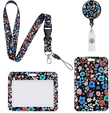 Vicloon Cordón con Portatarjeta, 2pcs Porta Tarjetas Identificativas, Cuello Cuerda para Tarjeta, con Cordones de Insignia, para Tarjeta de Identificación, Oficina(Floral)