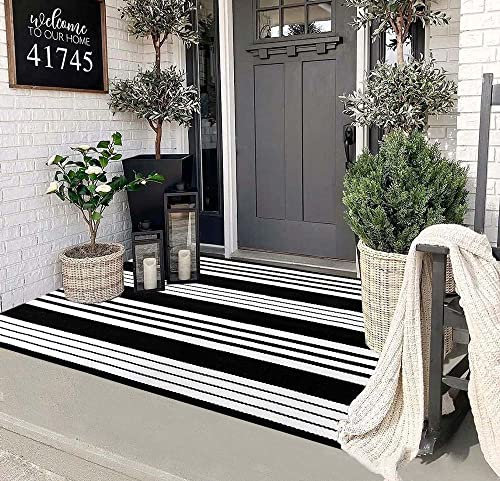 HOXCIK Schwarz-weißer Outdoor-Teppich, 90 x 150 cm, Baumwolle, handgewebt, gestreift, maschinenwaschbar, für Innen- und Außenbereich, für Bauernhaus, mehrlagige Fußmatten, Wohnzimmer, Eingangsbereich