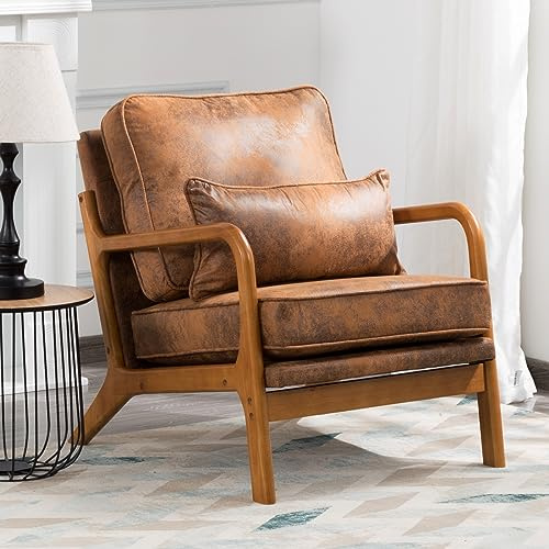 Hosnnile Accent Chair with Cushion, Mid-Century Modern Upholstered Single Reading Armchair with Comfy Leather + Solid Wood Frame for Living Room, Bedroom, Lounge, Balcony (Brown)