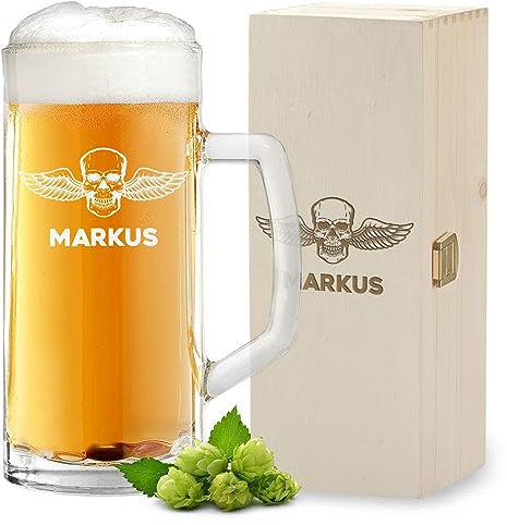 2-tlg Geschenk-Set Bierkrug 0,5 L + Holzkiste mit Gravur - Geschenke für Männer - Bierglas Geburtstagsgeschenk - Bierseidel 0,5 Liter aus Glas mit Füllstrich - für Mann, Freund und Kollege