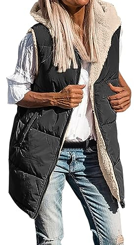 Doudoune sans Manches Femme Gilet Duvet Manteaux Veste à Capuche Longue Matelassé ÉLégant Casual Blouson Zippée Long Manteau éclair avec Poches Automne Hiver Manteaux sans Manche (Black, XXL)