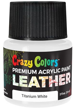 Crazy Colors Titanium White Premium Acrylic Leather and Shoe Paint, 2 oz Bottle - Flexible, Crack, Scratch, Peel Resistant - Artist Create Custom Sneakers, Jackets, Bags, Purses, Furniture Artwork