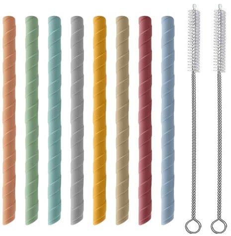 Lot de 8 Pailles en Silicone Réutilisables et Pliables - Portables Avec 2 Brosses de Nettoyage