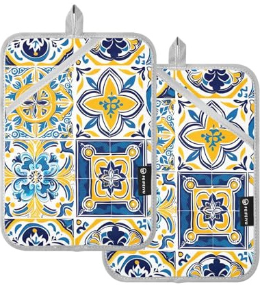 Topflappen mit italienischer Fliesen-Struktur, 2 Stück, Topflappen für Küche, weicher Ofen, Topflappen mit Taschen, hitzebeständiger Untersetzer, Topflappen für Mikrowelle, Backen, Kochen