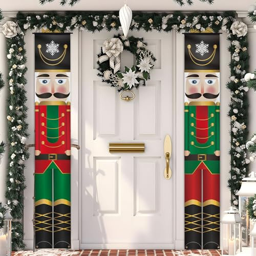 GEBETTER 2Pcs Pancartas Decoración Navidad Puerta Entrada Cascanueces Soldado Bandera Navideña Pared Cartel Tela Banner Colgante Exterior Interior Adorno Hogar Casa Porche 180 * 30 cm (Cascanueces)