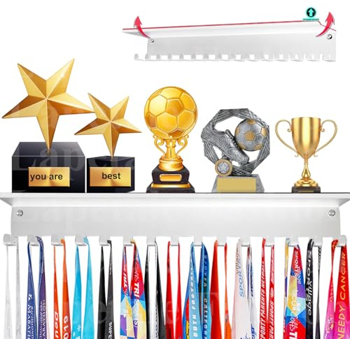 Lapetale Fashion Non-Slip White Trophy Shelf - 16 Inch Medal Hanger Display for Wall with Upgraded Shelves for Trophies, Gymnastics, Soccer, Swim