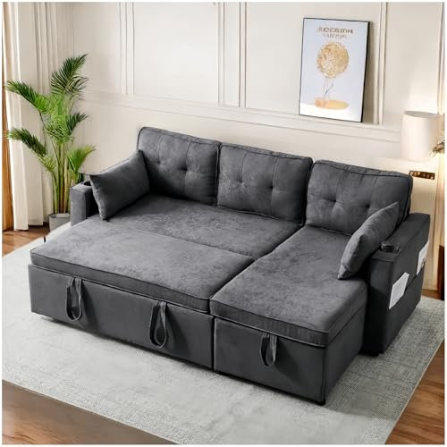 Lubvtti Sofá Cama 3 plazas con Portavasos y Bolsa Pasamanos Lateral, Sofá en Forma de L, Intercambiable a la Derecha y a la Izquierda, Gris