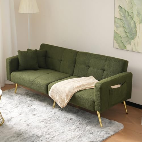 Dolamaní 2-in-1 Schlafsofa Sofa Couch mit Schlaffunktion, Verstellbarer Rückenlehne, goldenen Beinen, mit Kissen (Grün)