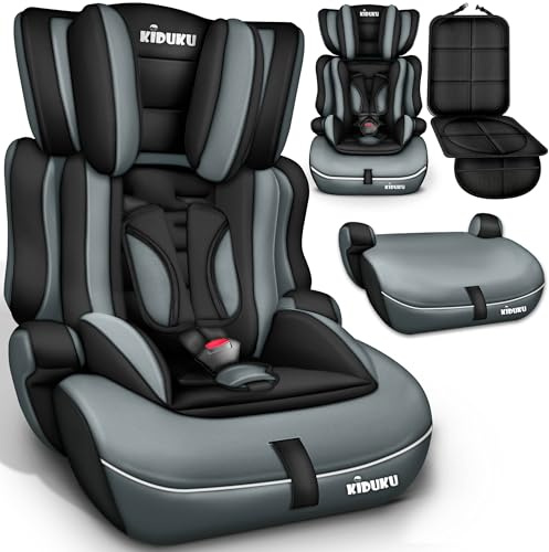 KIDUKU® Siège auto pour enfants avec Protection, évoluant avec la croissance, Norme ECE R129/03, de 9 kg à 36 kg (de 1 à 12 ans), Groupe 1 + 2 + 3 (Noir/Gris)