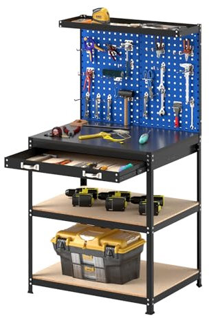 GYMAX Banco da Lavoro 81 x 41 CM con Pannello, Tavolo da Lavoro con 20 Ganci per Attrezzi, Cassetto e Ripiani Aperti, Stazione di Lavoro Pesante da 225 KG per Garage, Officina, Magazzino e Casa (Blu)