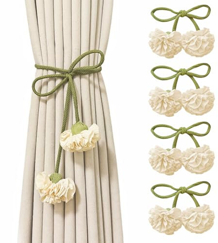 KASESSS 4 Piezas Alzapaños Cortinas, Sujeta Cortinas con Cuerda, Bohemia Recoge Cortinas, Flor Abrazaderas Cortinas para La Decoración de La Ventana del Hotel Home Office Cafés,(Verde, Beige)