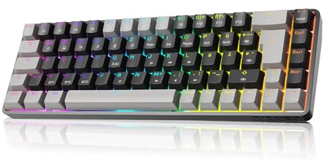TMKB T68 Gaming Tastatur,60% Kabellos Mechanische RGB Tastatur mit Bluetooth/2.4G/Typ-C,Compact 68 Tasten Anti-Ghosting,Deutsches QWERTZ Layout (Grau/Schwarz, Blauer Switch)