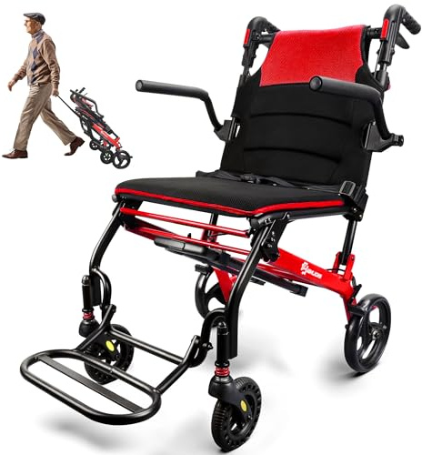 Ultra Lightweight Wheelchair for Adults, Aluminum Folding Portable Wheelchair with Telescopic Handle, 8.8KG Compact Travel Transport Wheel Chair, Adjustable Height Handle, Footrests, for Seniors