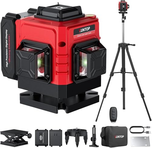 XUNTOP Livello Laser 3D Verde Autolivellante 12 Linee (3x360°) con Telecomando, Tripiede 40 Pollici, 2×Batterie 2400mAh, Display IP54 Livello Laser 12 Linee Verde – per Piastrellatura e Montaggio