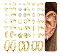 MILACOLATO 21 Pairs Silver Stud Earrings Set for Women Stainless Steel | Cartilage Helix Small Tiny Hoop Earrings Star Moon Opal Cross Heart 20G Geometric Stud Earrings Piercing Jewellery