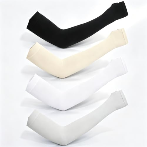 Anglepingping 4 Pairs UV Sun Protection Cooling Arm Sleeves for Men/Women,Tattoo Cover Up, Compression Arm Sleeves for Fishing Running Golf Soccer Bike Cycling (Black,White,Beige,Grey)