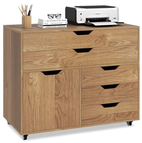 COSTWAY Mobile File Cabinet, 4/5 Drawers Lateral Stationery Storage Organiser Chest with Wheels and 1/2 Doors, Home Office Printer Stand Side Filing Cupboard (Natural, 77 x 40 x 64cm)