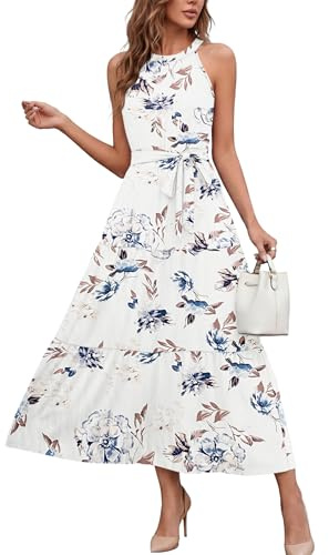 AUSELILY Vestido Mujer Verano Largo Sin Mangas Cuello Halter Vestidos | Vestidos Playa Estilo Bohemio Elegante Informal Leicht con Cinturón y Bolsillos