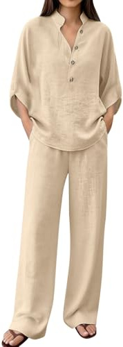 Conjunto Mujer Dos Piezas Verano Elegante Lino Chandal Casual Cómodo Blusa Manga 3/4 y Pantalones Completo Primavera Holgado Talla Grande Conjuntos Deportivos Cuello en V Playa Chándal Vacaciones