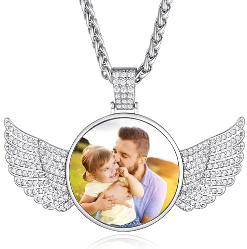 Custom4U Personalized Angel Wings Pendant Neckalce with Picture Inside Custom Photo Necklace Memorial Medallion Circle Chain Hip Hop Jewelry Gifts for Men Women
