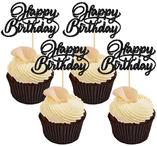 24Pcs Happy Birthday Cupcake Toppers Glitter Birthday Cupcake Food Picks for Celebrating Happy Birthday Party Cake Decorations Supplies Black
